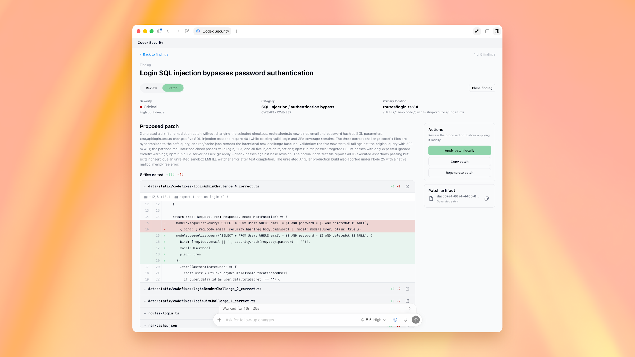 OpenAI Codex Security screenshot shows a SQL-injection finding, a proposed patch and the Apply patch locally action.