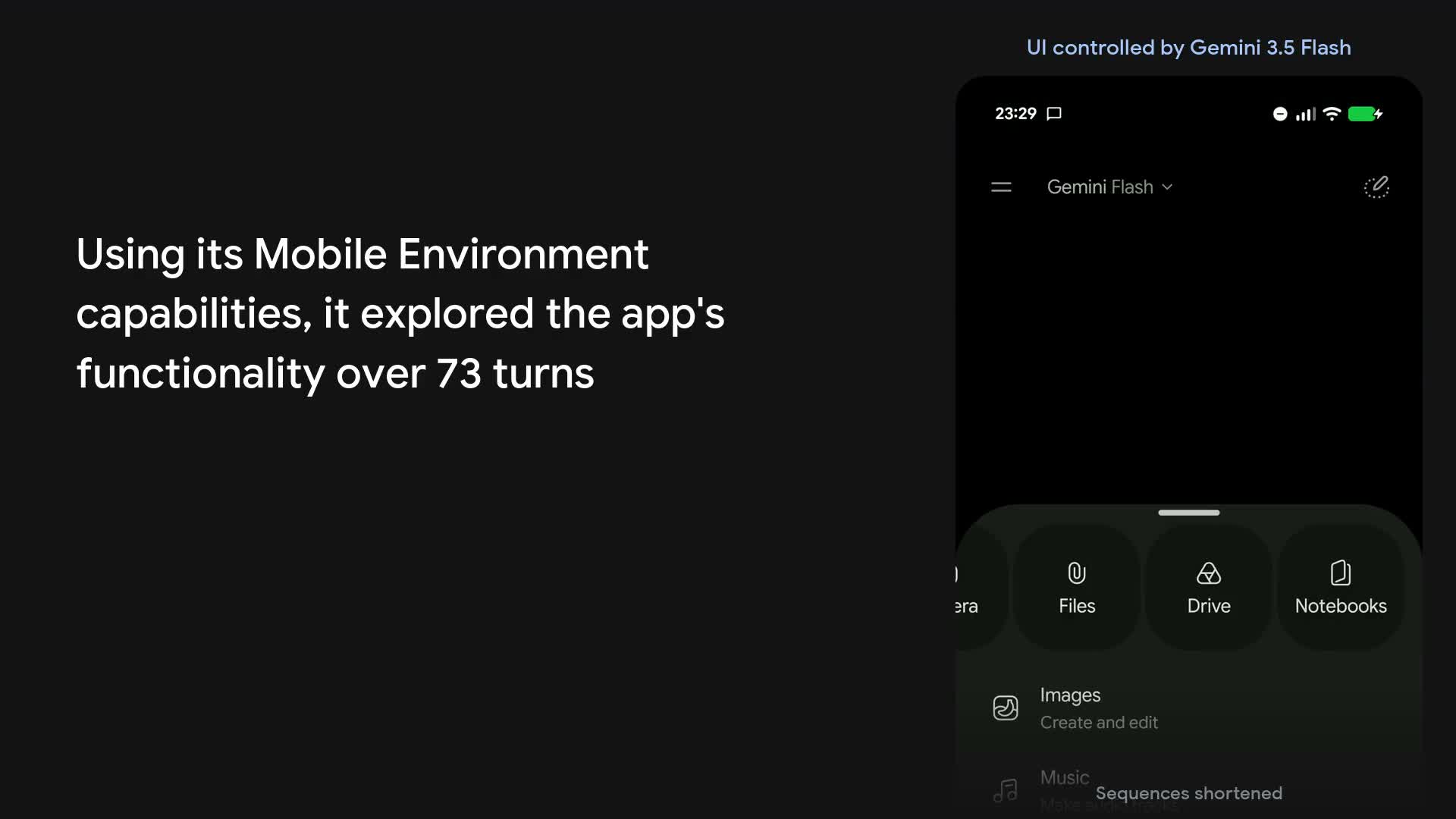 Still from Google’s demo labeled UI controlled by Gemini 3.5 Flash, showing the Gemini app being explored through its mobile environment.